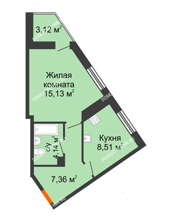 1 комнатная квартира 38,26 м² - ЖК Пушкин