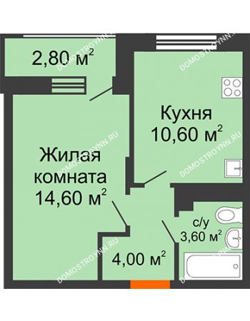 1 комнатная квартира 34,2 м² в ЖК Цветы 2, дом № 4