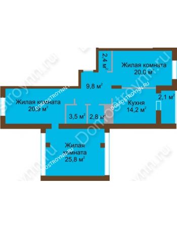 3 комнатная квартира 101,5 м² в ЖК Монолит, дом № 89, корп. 1, 2