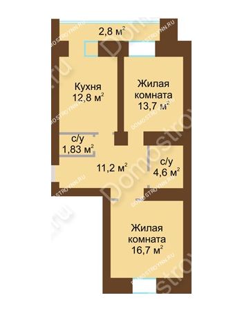 2 комнатная квартира 66,5 м² в ЖК Рубин, дом № 67