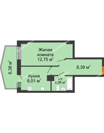 1 комнатная квартира 34,42 м² в ЖК Сердце Ростова 2, дом Литер 8