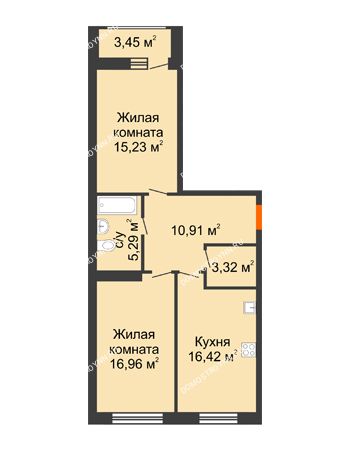 2 комнатная квартира 71,58 м² в ЖК Подкова на Гагарина, дом № 2