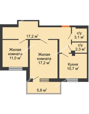 2 комнатная квартира 63,2 м² - ЖД На Комсомольском