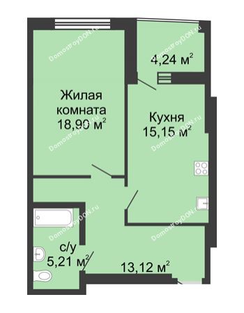 1 комнатная квартира 56,62 м² в ЖК Тихий Дон, дом № 2