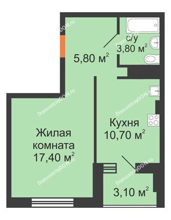 1 комнатная квартира 42,3 м² - ЖК Вершина