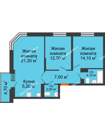 3 комнатная квартира 69,3 м² в ЖК Династия, дом Литер 2