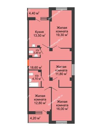 4 комнатная квартира 103,3 м² в ЖК Отражение, дом № 4