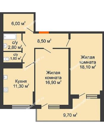 2 комнатная квартира 68,7 м² в ЖК Fresh (ЖК Фреш), дом Литер 2