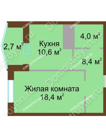 1 комнатная квартира 44,1 м² в ЖК Монолит, дом № 89, корп. 1, 2