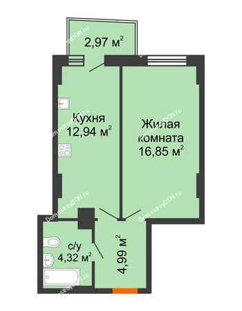 1 комнатная квартира 39,86 м² в ЖК Сердце Ростова 2, дом Литер 8