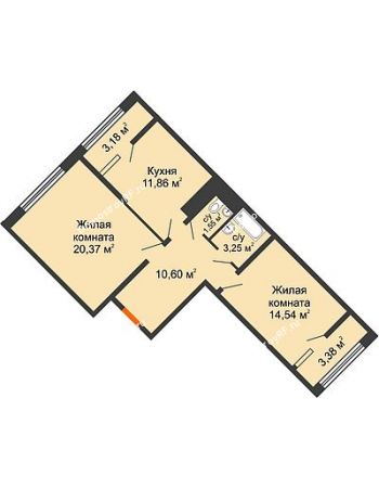 2 комнатная квартира 65,4 м² - ЖК Сердце