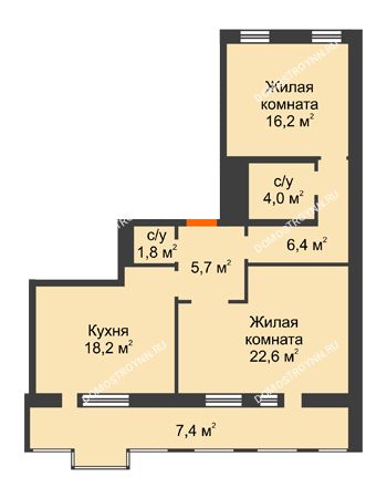2 комнатная квартира 82,6 м² - ЖД по ул. Варварская