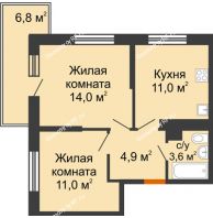 2 комнатная квартира 46,5 м² в ЖК Отражение, дом Литер 2.2 - планировка