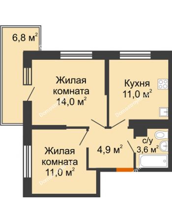 2 комнатная квартира 46,5 м² в ЖК Отражение, дом Литер 2.2