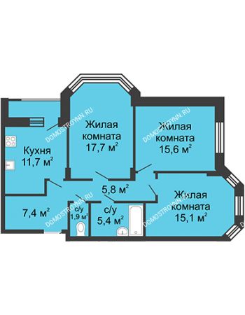 3 комнатная квартира 82,3 м² в ЖК Цветы, дом № 14