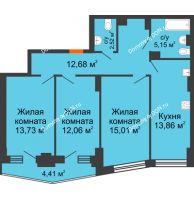 3 комнатная квартира 77,22 м² в ЖК Рубин, дом Литер 2 - планировка