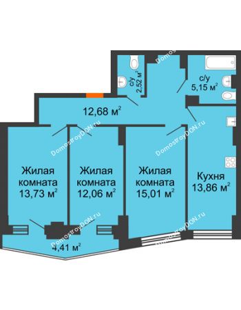 3 комнатная квартира 77,22 м² в ЖК Рубин, дом Литер 1