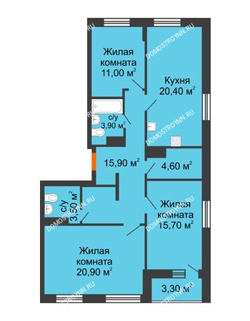 3 комнатная квартира 97,55 м² в ЖК Цветы, дом № 22-3