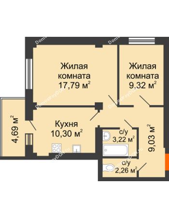 2 комнатная квартира 53,32 м² - ЖК Военвед-Парк