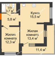2 комнатная квартира 50,7 м² в ЖК Грани, дом Литер 4 - планировка