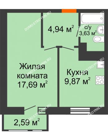 1 комнатная квартира 38,72 м² в ЖК Книги, дом № 1