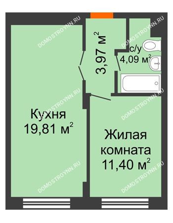 1 комнатная квартира 39,27 м² - ЖК КМ Молодежный, 76