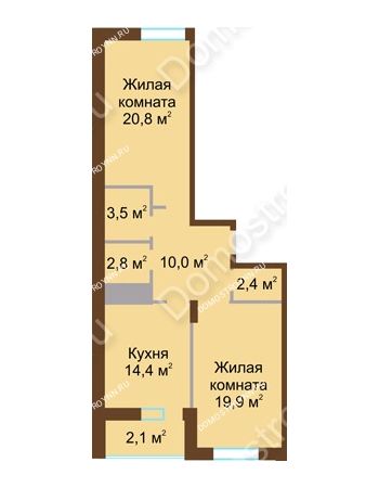 2 комнатная квартира 75,9 м² в ЖК Монолит, дом № 89, корп. 1, 2