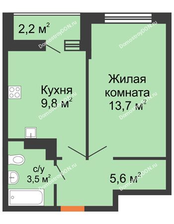 1 комнатная квартира 33,7 м² в ЖК SkyPark (Скайпарк), дом Литер 1, корпус 2, 1 этап