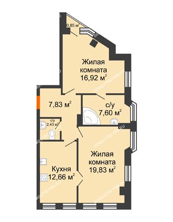 2 комнатная квартира 67,53 м² в ЖК Дом на Провиантской, дом № 12