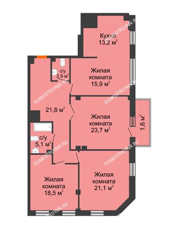 4 комнатная квартира 123,8 м² в ЖК Премиум, дом № 2
