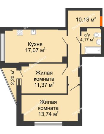 2 комнатная квартира 57,58 м² в ЖК Рубин, дом Литер 3