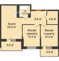 2 комнатная квартира 62,9 м² в ЖК Отражение, дом Литер 1.2 - планировка