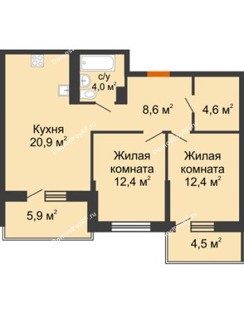 2 комнатная квартира 62,9 м² в ЖК Отражение, дом Литер 1.2