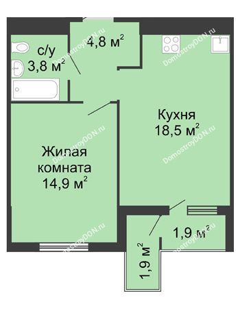 1 комнатная квартира 43,7 м² - ЖК Доломановский	