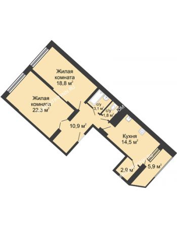 2 комнатная квартира 80,1 м² в ЖК Монолит, дом № 89, корп. 3