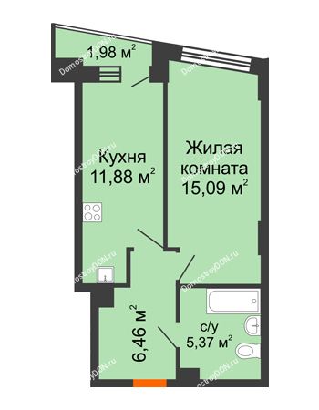 1 комнатная квартира 39,79 м² в ЖК Рубин, дом Литер 1