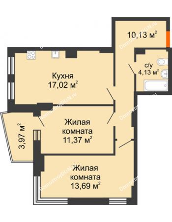 2 комнатная квартира 58,33 м² в ЖК Сердце Ростова 2, дом Литер 8