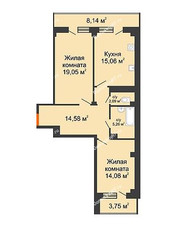 2 комнатная квартира 76,07 м² в ЖК Парковый, дом 6 позиция, блок-секция 3