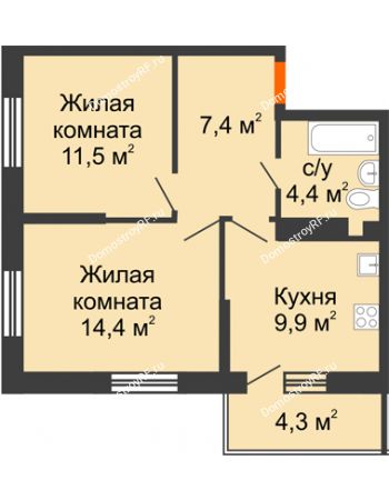 2 комнатная квартира 48,3 м² в ЖК Южане, дом Литер 3
