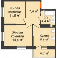 2 комнатная квартира 48,3 м² в ЖК Южане, дом Литер 3 - планировка