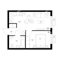 1 комнатная квартира 33,3 м² в ЖК Савин парк, дом корпус 9 - планировка