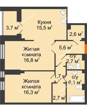 2 комнатная квартира 71,9 м² в КД Лобачевский, дом № 1