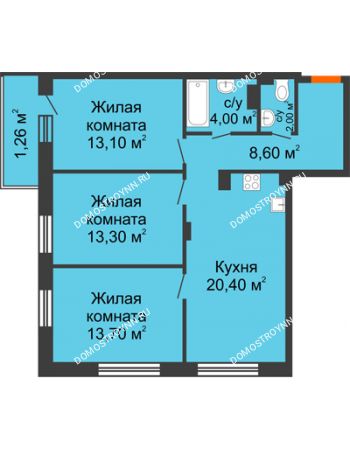 3 комнатная квартира 76,36 м² в ЖК Заречье, дом № 7