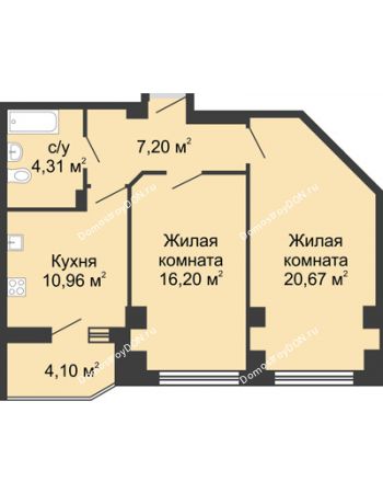 2 комнатная квартира 61,39 м² в ЖК Мега, дом № 116, секция 1