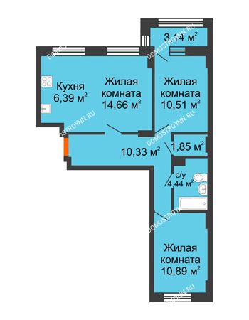 3 комнатная квартира 60,69 м² - ЖК Каскад на Куйбышева