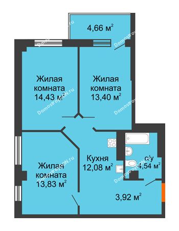 3 комнатная квартира 64,42 м² - ЖК Кристалл 2