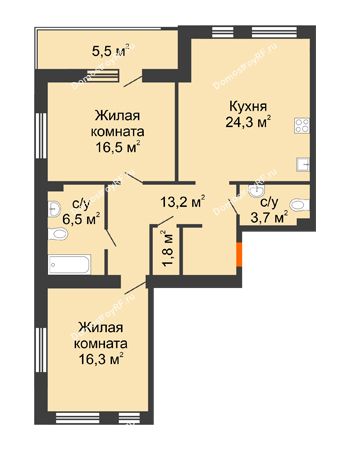 2 комнатная квартира 87,8 м² в ЖК Квартал Перемен	, дом ГП-1