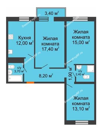 3 комнатная квартира 74,7 м² в ЖК Маршал, дом Литер 1