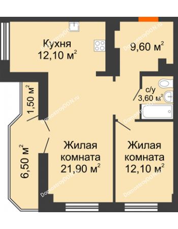 2 комнатная квартира 62 м² - ЖК Дом на Целиноградской, 12