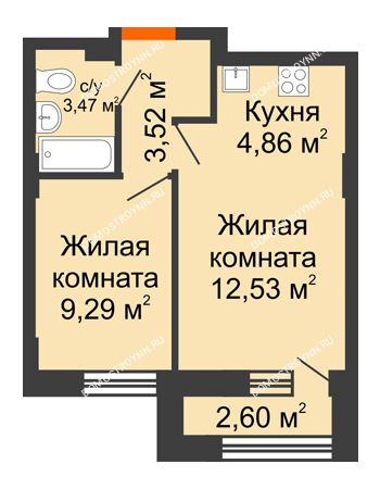 2 комнатная квартира 34,97 м² - ЖК Каскад на Куйбышева